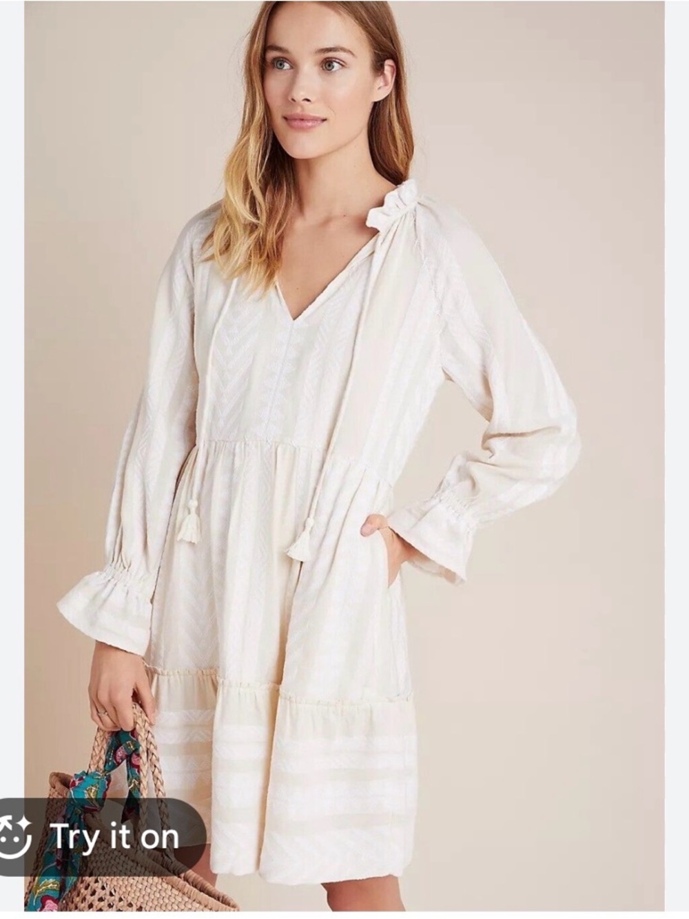 Maeve by Anthropologie Dominique Embroidered Tunic Dress Size XSP Boho Coastal